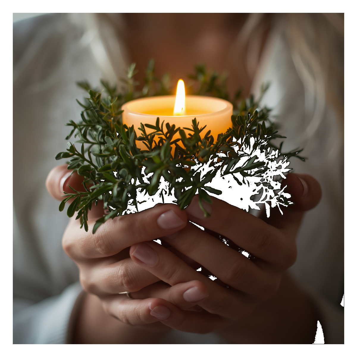 Mãos segurando uma vela acesa envolta por folhas verdes, representando o Advento em Casa