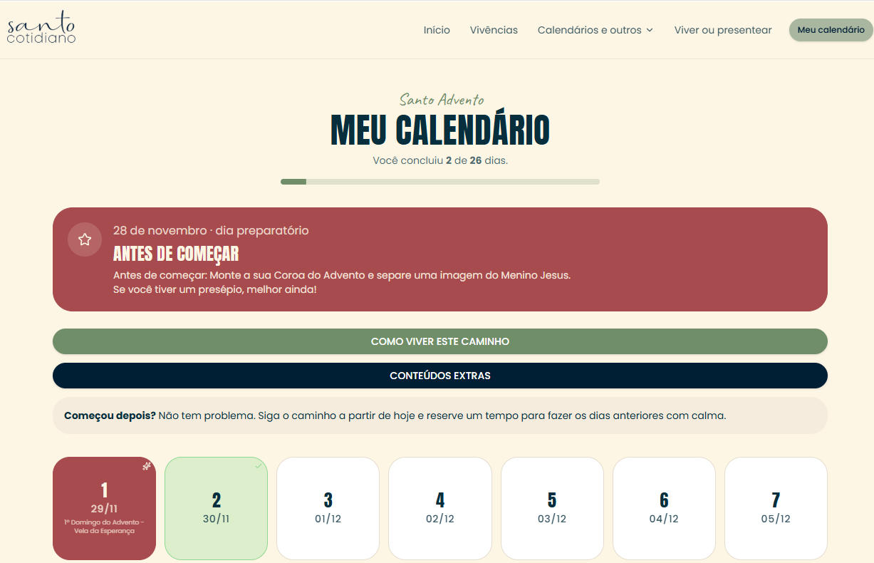 Preview da página Meu Calendário do Advento em Caminho, mostrando a grade dos 26 dias de preparação